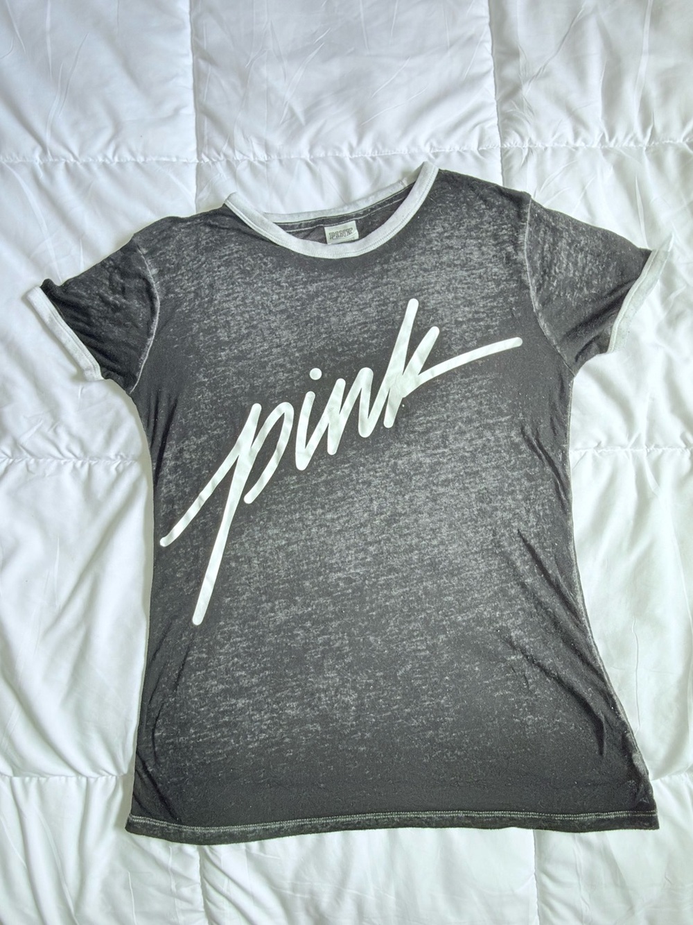 grey & white sheer “pink” tee